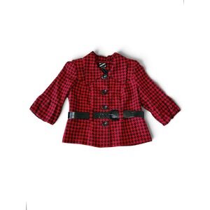 Zoda Womens 18W Red Black Houndstooth Belted Blazer 3/4 Bell Sleeve Jacket Plus